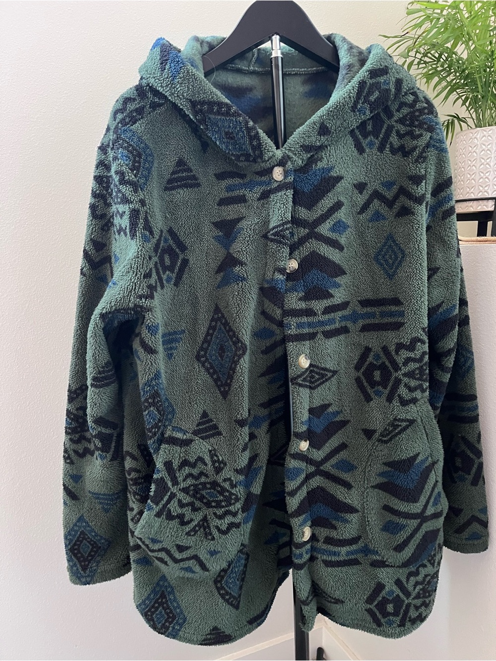 Plush Hooded Aztec Fleece Coat in Forest Green & Navy